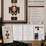 Nutcracker Christmas barn quilt pattern featuring a geometric holiday nutcracker in forest green, burgundy, blush pink, gold, cream and black. Printable DIY barn quilt design for painted wood signs, farmhouse Christmas decor, holiday wall art, porch decorations and handmade seasonal projects.
