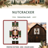 Nutcracker Christmas barn quilt pattern featuring a geometric holiday nutcracker in forest green, burgundy, blush pink, gold, cream and black. Printable DIY barn quilt design for painted wood signs, farmhouse Christmas decor, holiday wall art, porch decorations and handmade seasonal projects.
