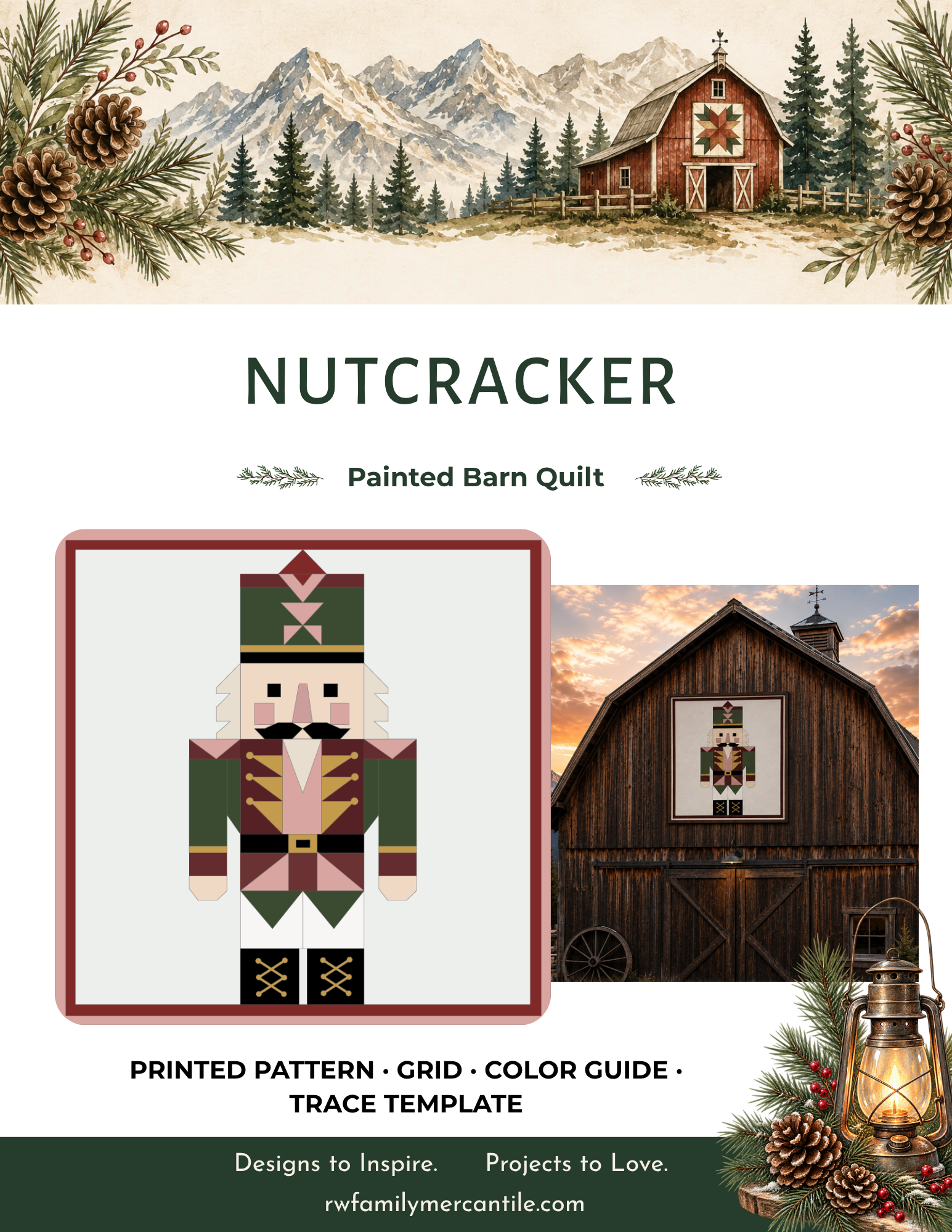 Nutcracker Christmas barn quilt pattern featuring a geometric holiday nutcracker in forest green, burgundy, blush pink, gold, cream and black. Printable DIY barn quilt design for painted wood signs, farmhouse Christmas decor, holiday wall art, porch decorations and handmade seasonal projects.
