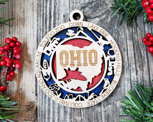 Ohio Wooden Ornament – Buckeye State Decor with Lake Erie & Zoos