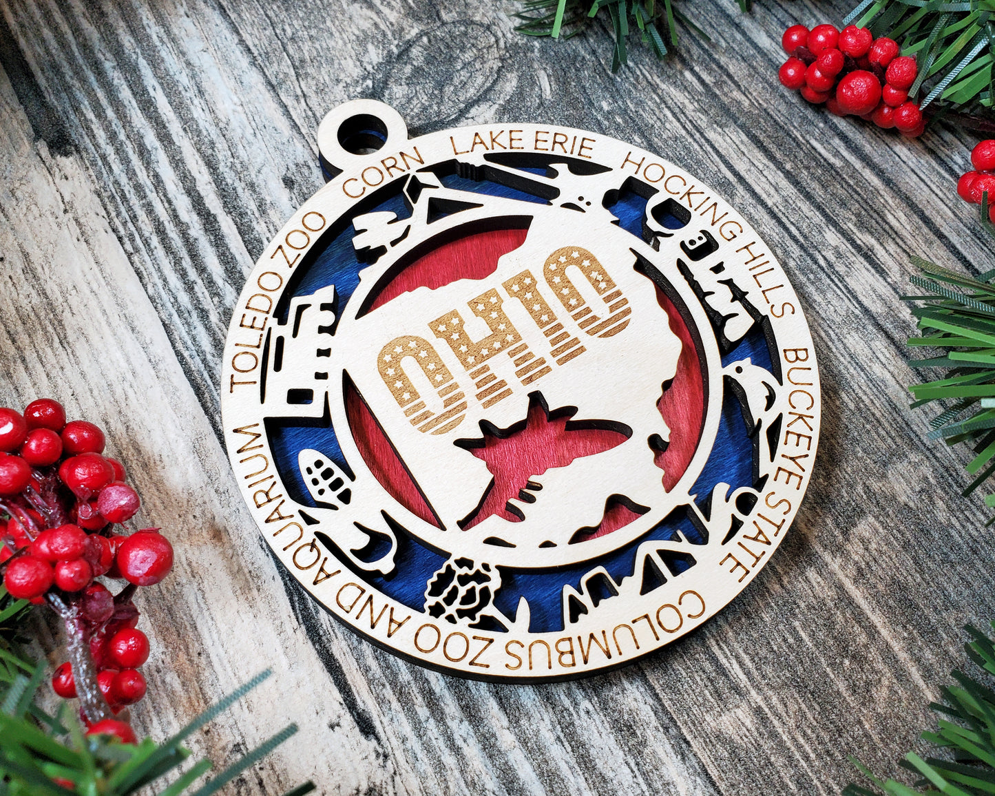 Ohio Wooden Ornament – Buckeye State Decor with Lake Erie & Zoos