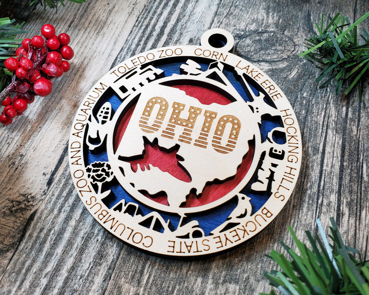 Ohio Wooden Ornament – Buckeye State Decor with Lake Erie & Zoos