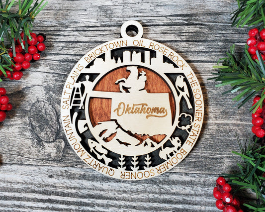 Oklahoma Wooden Ornament – Sooner State Decor with Cowboy & Oil Icons