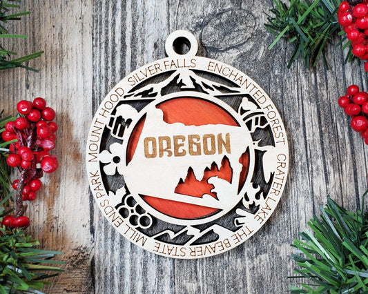 Oregon Wooden Ornament – Crater Lake & Mt. Hood State Decor Gift