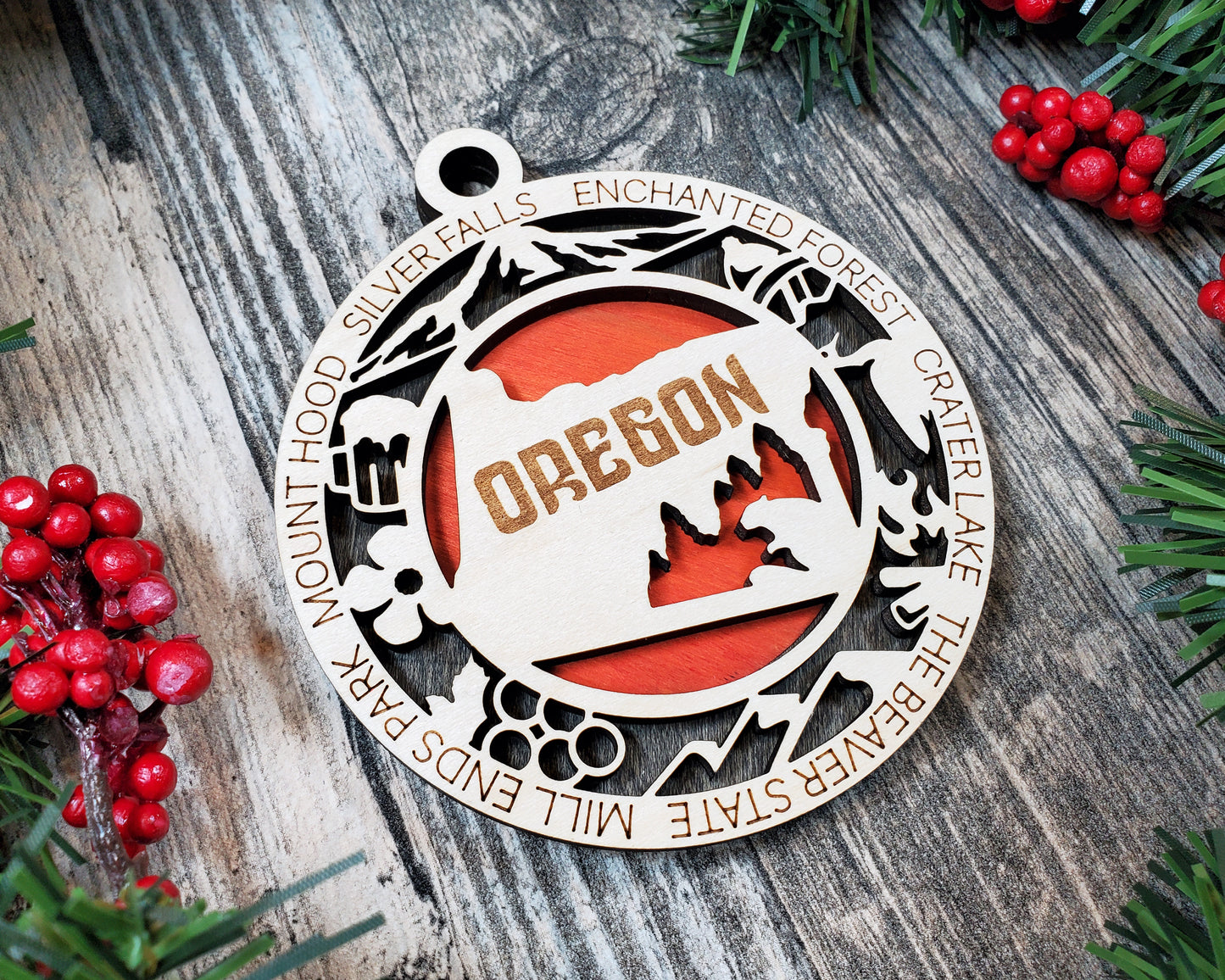 Oregon Wooden Ornament – Crater Lake & Mt. Hood State Decor Gift