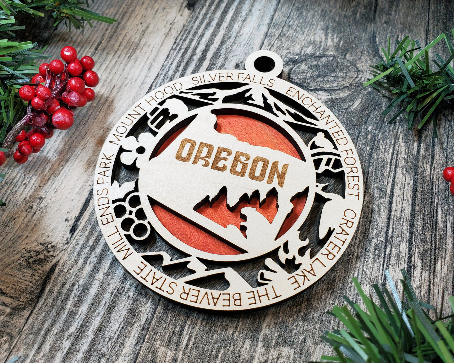 Oregon Wooden Ornament – Crater Lake & Mt. Hood State Decor Gift