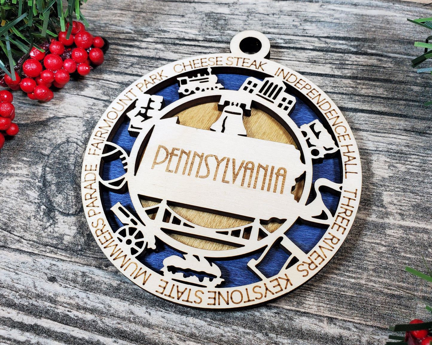 Pennsylvania Wooden Ornament – Keystone State Gift with Philly & History Icons
