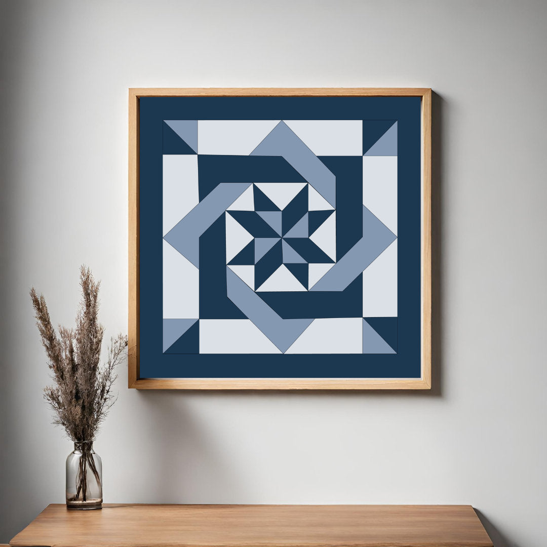 Pinwheel Knot  Barn Quilt Pattern displayed as framed farmhouse wall art in a modern living room. Printable digital download for DIY painted barn quilts.