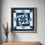 Pinwheel Knot  Barn Quilt Pattern displayed as framed farmhouse wall art in a modern living room. Printable digital download for DIY painted barn quilts.