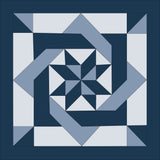 A digital image of a quilt with a geometric pinwheel and maze-like knot design, predominantly in blue and white colors.