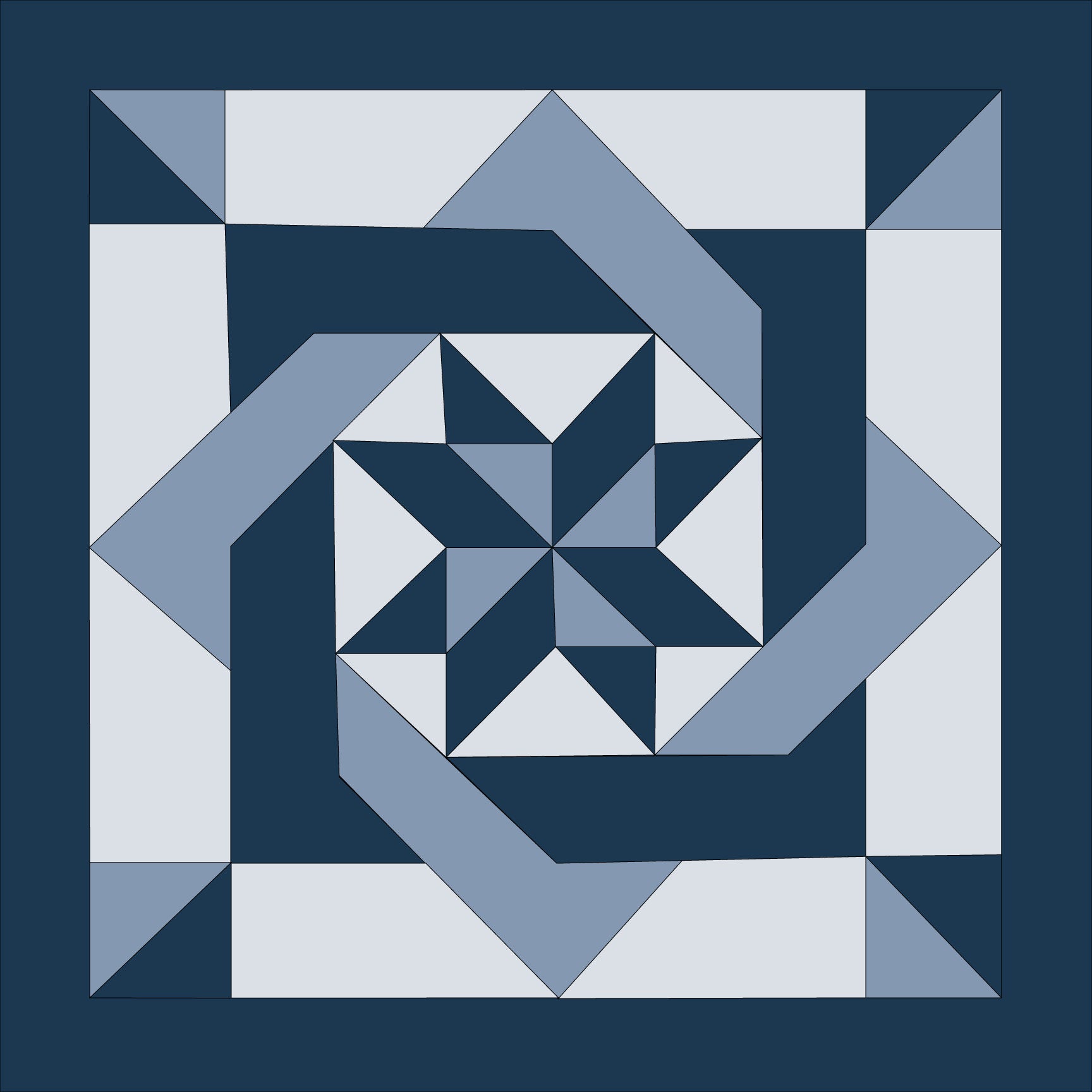 A digital image of a quilt with a geometric pinwheel and maze-like knot design, predominantly in blue and white colors.