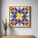 Prairie Star Carpenter Star Barn Quilt Pattern displayed as framed farmhouse wall art in a modern living room. Printable digital download for DIY painted barn quilts.