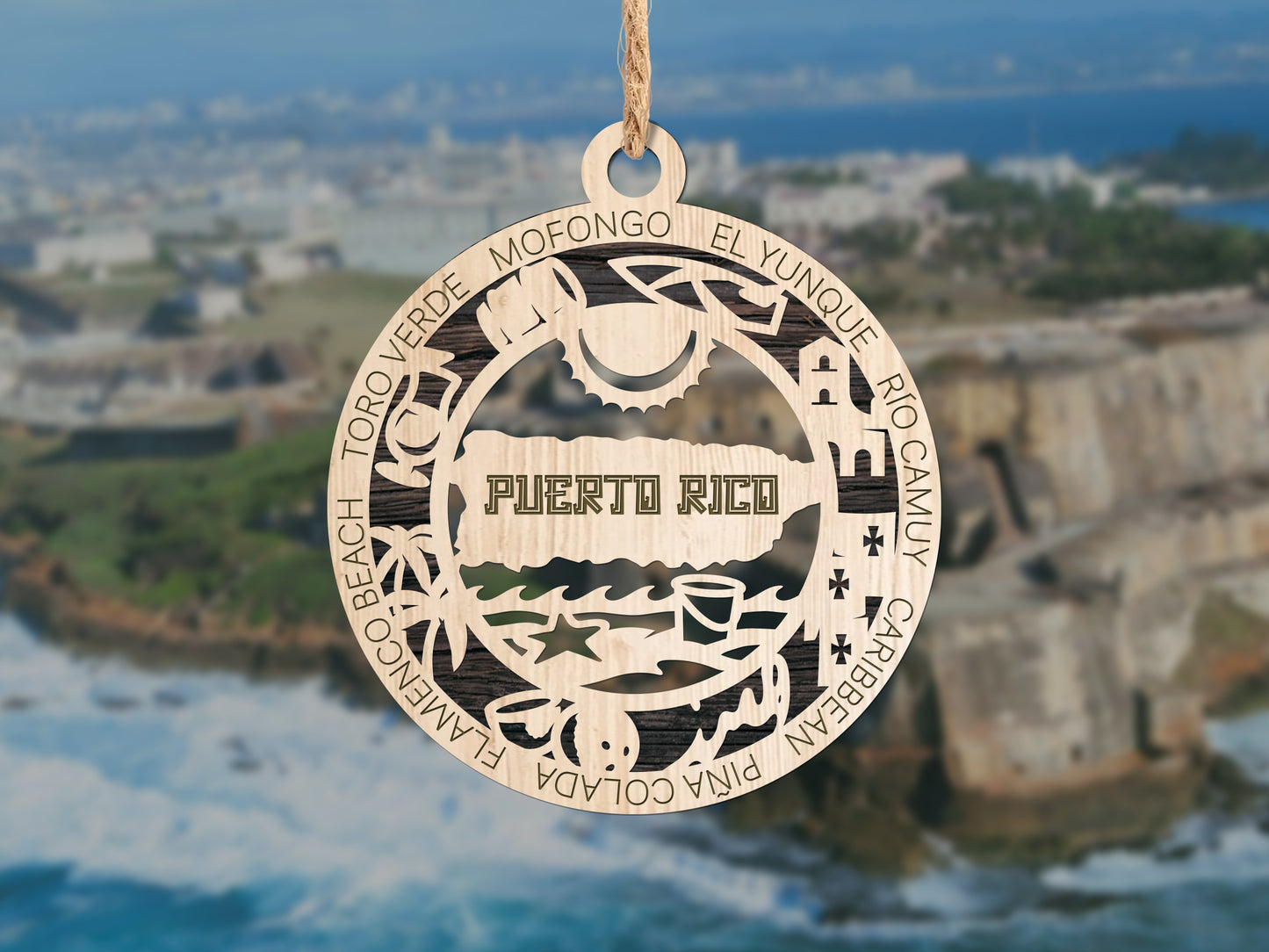 Puerto Rico Wooden Ornament – Caribbean Island Decor with Beaches & Icons