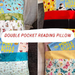 Four different views of a double-pocket reading pillow with various patterns and colors, showcasing the pillow's different pockets and the overall quilted design.