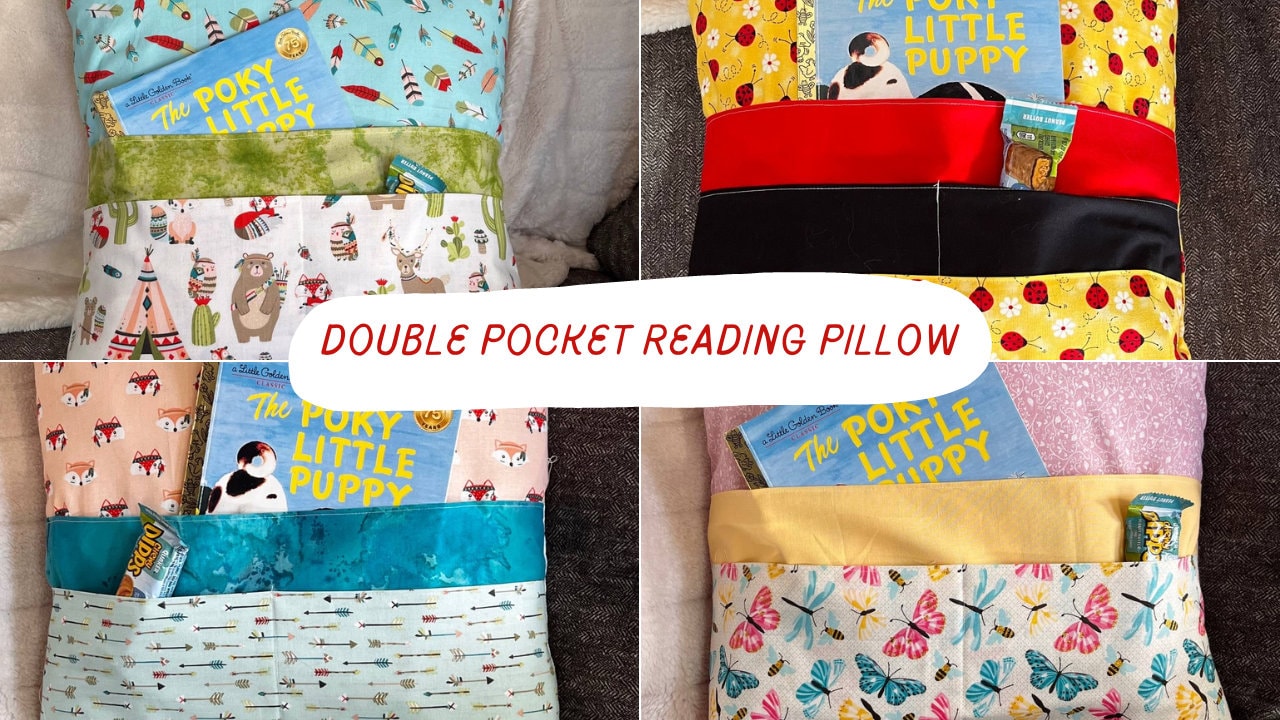 Four different views of a double-pocket reading pillow with various patterns and colors, showcasing the pillow's different pockets and the overall quilted design.