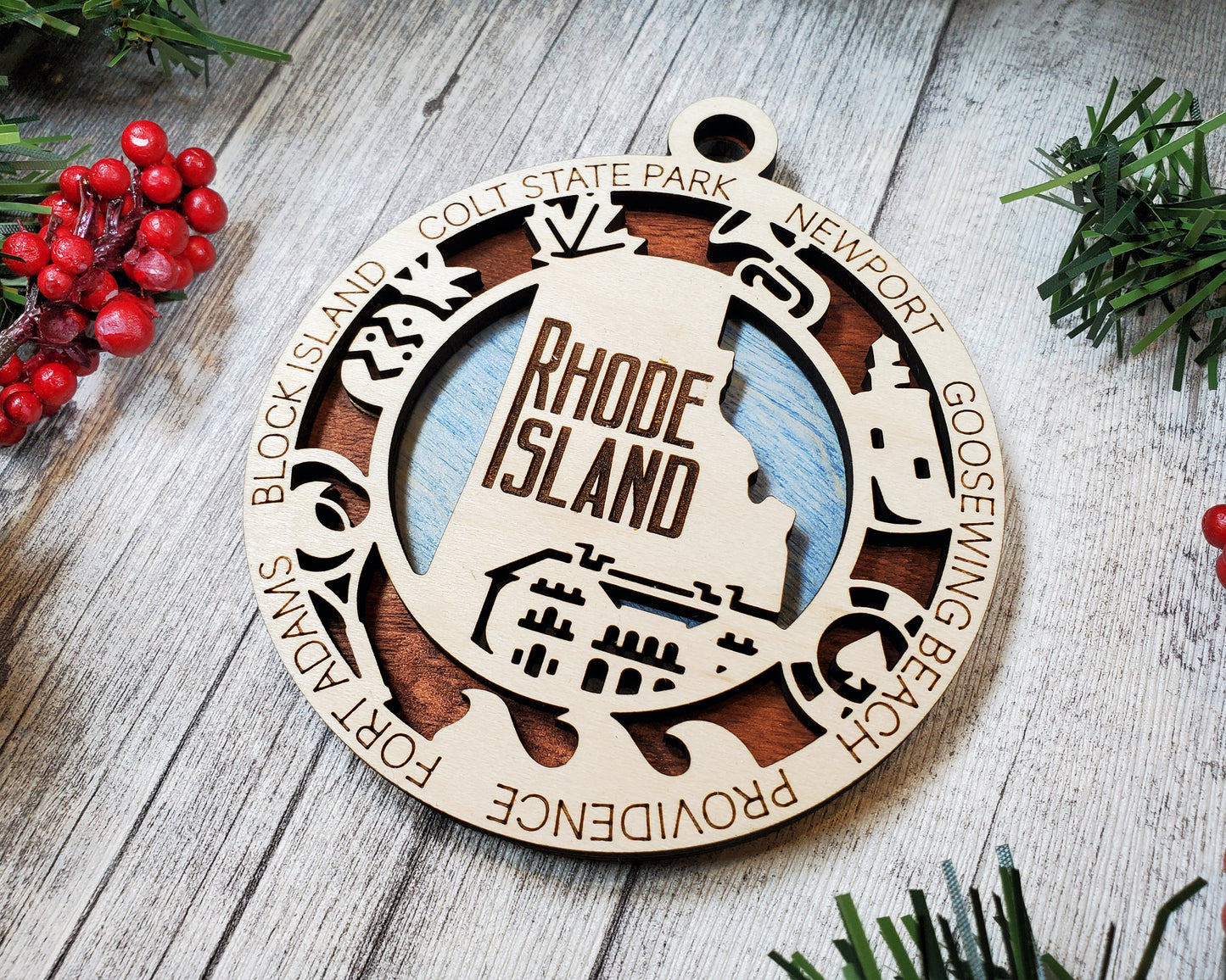 Rhode Island Wooden Ornament – Newport, Providence & Coastal State Decor