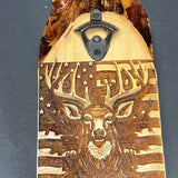 Wooden bottle opener with deer design on a dark background