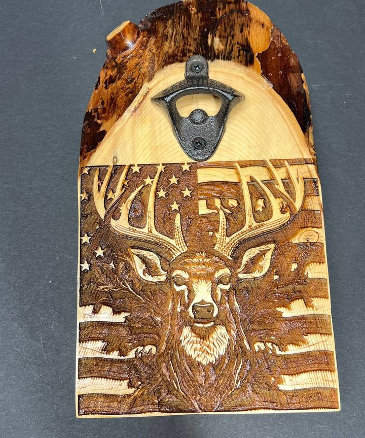 Wooden bottle opener with deer design on a dark background