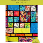 A digital image of a colorful stain glass quilt pattern titled 'Stain Glass Quilt' designed by Jacque Russell, size 48x74 inches, with a label stating 'At Friendly's Quilts'.