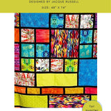 A digital image of a colorful stain glass quilt pattern titled 'Stain Glass Quilt' designed by Jacque Russell, size 48x74 inches, with a label stating 'At Friendly's Quilts'.