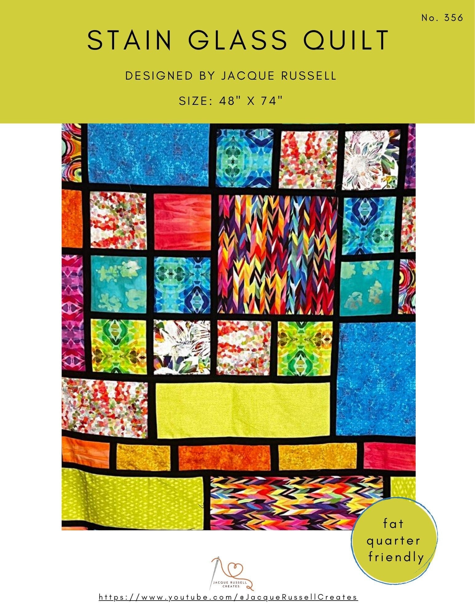 A digital image of a colorful stain glass quilt pattern titled 'Stain Glass Quilt' designed by Jacque Russell, size 48x74 inches, with a label stating 'At Friendly's Quilts'.