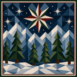 A geometric art quilt block depicting a winter night landscape with pine trees, snow, mountains, and a large multi-pointed star in a starry blue sky.