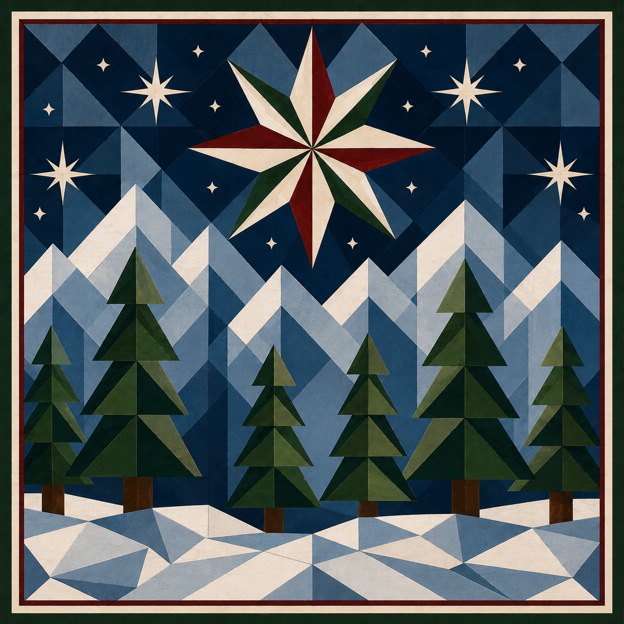 A geometric art quilt block depicting a winter night landscape with pine trees, snow, mountains, and a large multi-pointed star in a starry blue sky.