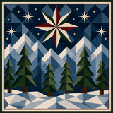 A geometric art quilt block depicting a winter night landscape with pine trees, snow, mountains, and a large multi-pointed star in a starry blue sky.
