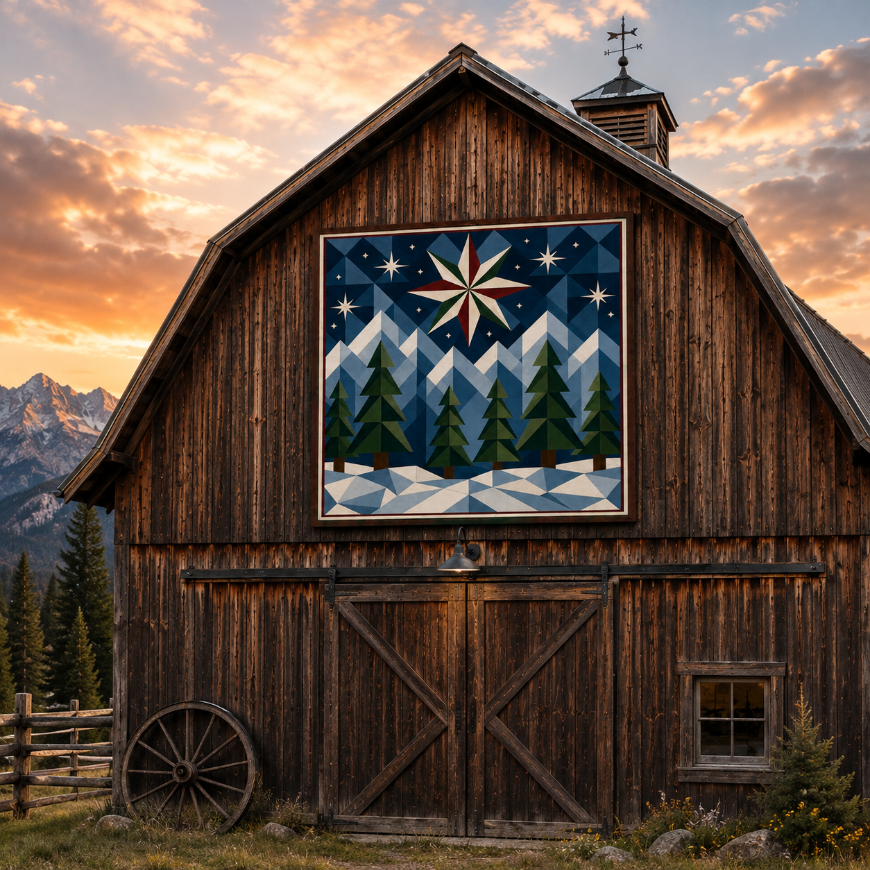 A large framed art print depicting a winter mountain scene with snow, pine trees, and a starburst sky, mounted on the front of a rustic dark wood barn under a sunset sky.