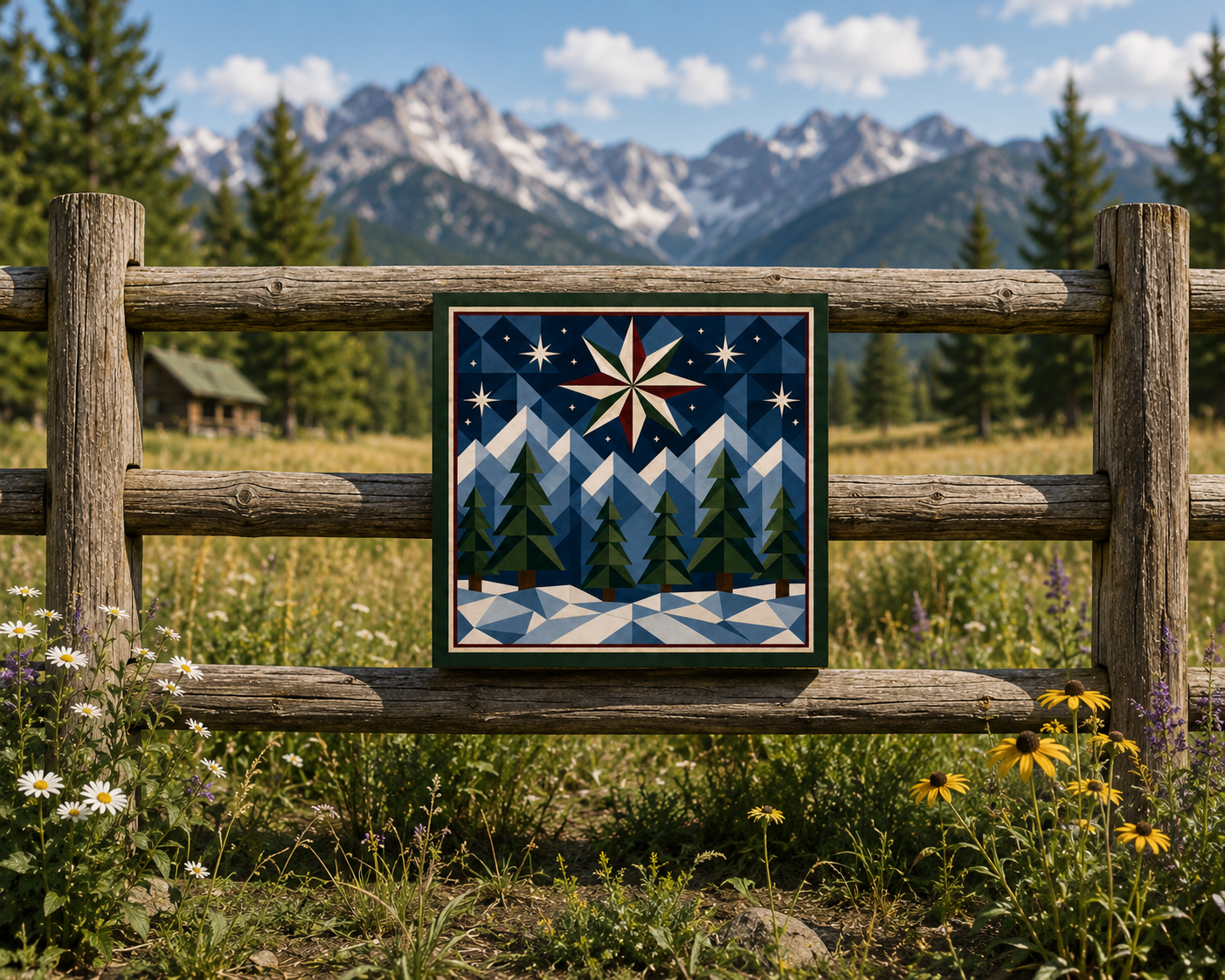 A square framed art print depicting a stylized winter mountain scene with pine trees and a star, mounted on a rustic wooden fence in a grassy meadow with mountains in the background.