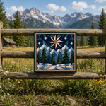 A square framed art print depicting a stylized winter mountain scene with pine trees and a star, mounted on a rustic wooden fence in a grassy meadow with mountains in the background.