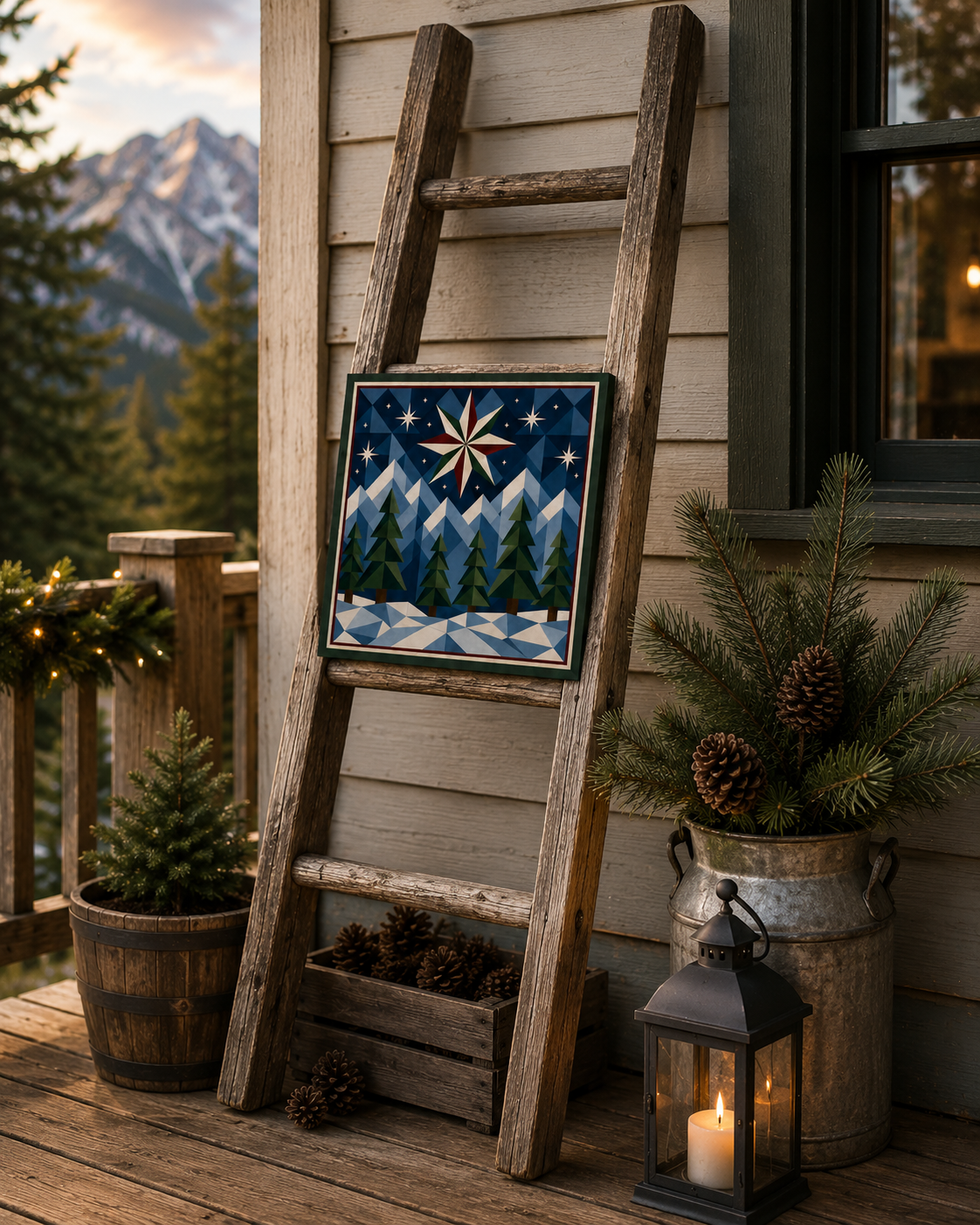 A rustic wooden ladder leans against a house exterior on a porch, displaying a square decorative tile with a winter mountain scene. The scene includes pine branches in a galvanized bucket, a black lantern with a lit candle, and mountains in the background.