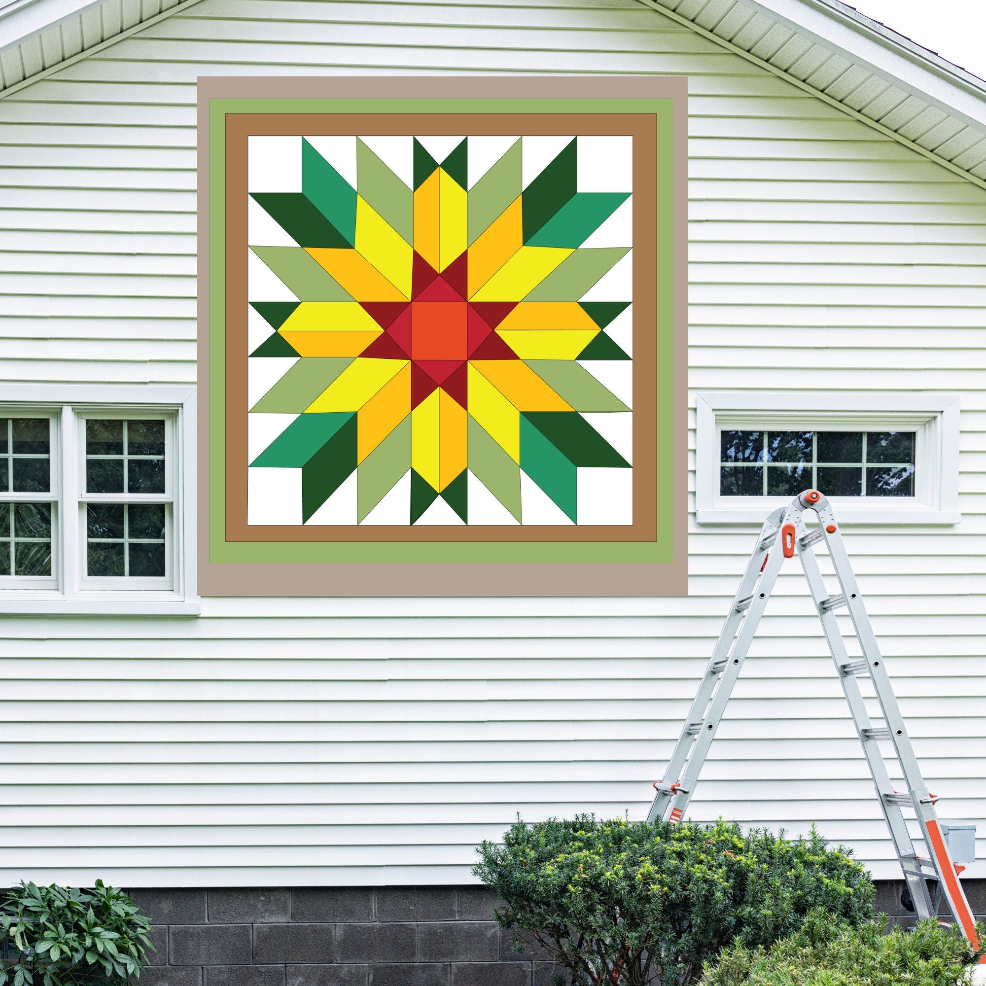 Sunflower Barn Quilt Pattern displayed on the exterior of a farmhouse, illustrating how the finished painted quilt block looks on a home.