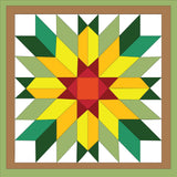 Printable Sunflower Barn Quilt Pattern featuring a bright sunflower-inspired quilt block for DIY painted barn quilt projects.