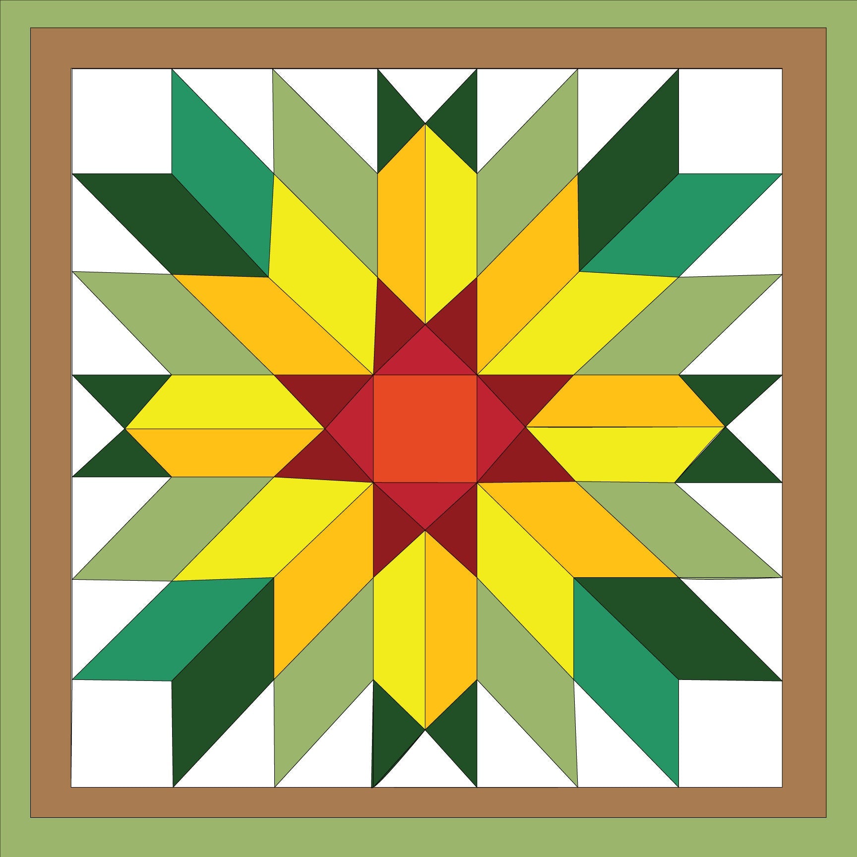 Printable Sunflower Barn Quilt Pattern featuring a bright sunflower-inspired quilt block for DIY painted barn quilt projects.