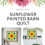 Product cover for the Sunflower Barn Quilt Pattern digital download showing printable patterns, multiple sizes, color guide, and project mockups.