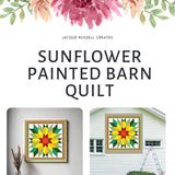 Product cover for the Sunflower Barn Quilt Pattern digital download showing printable patterns, multiple sizes, color guide, and project mockups.