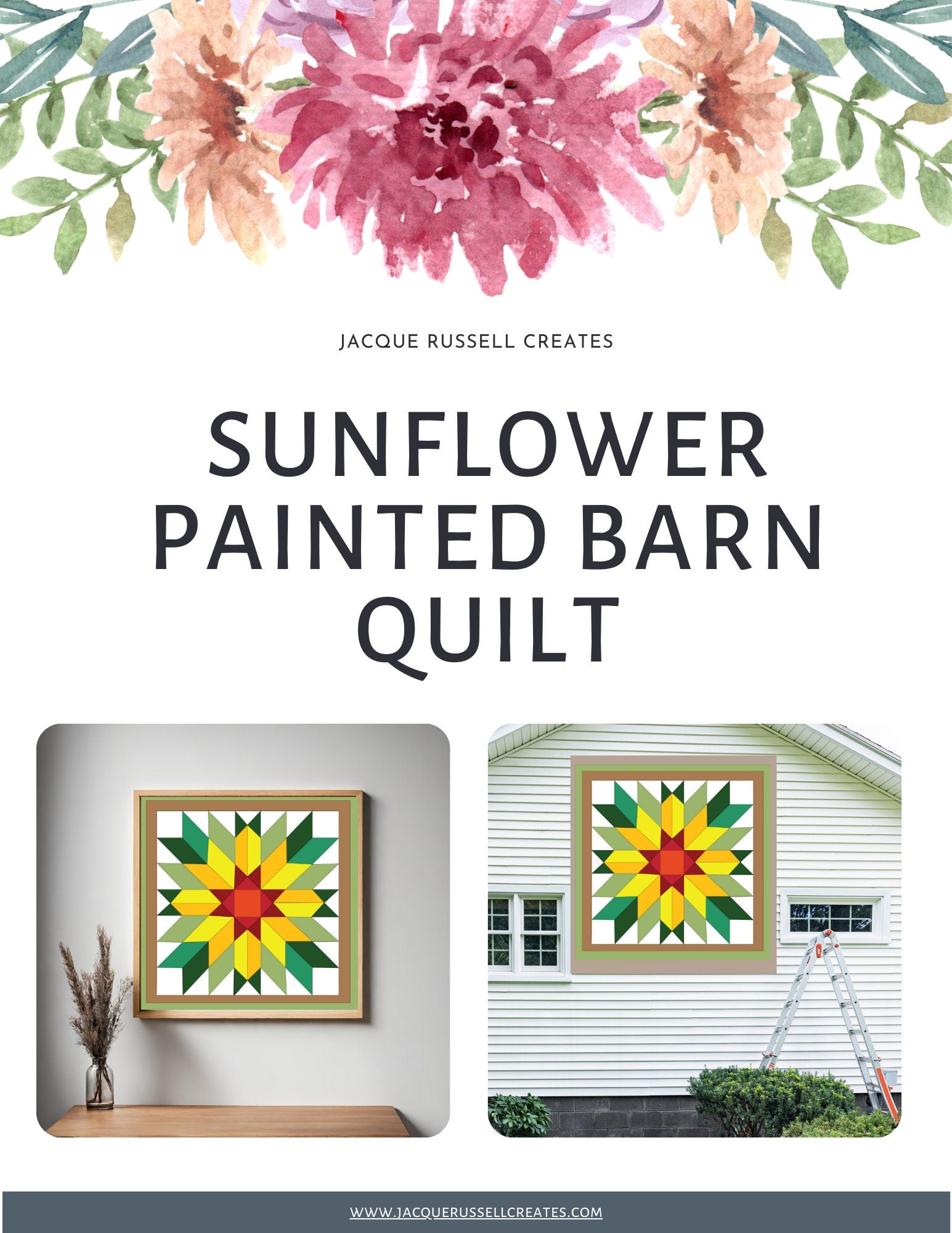 Product cover for the Sunflower Barn Quilt Pattern digital download showing printable patterns, multiple sizes, color guide, and project mockups.