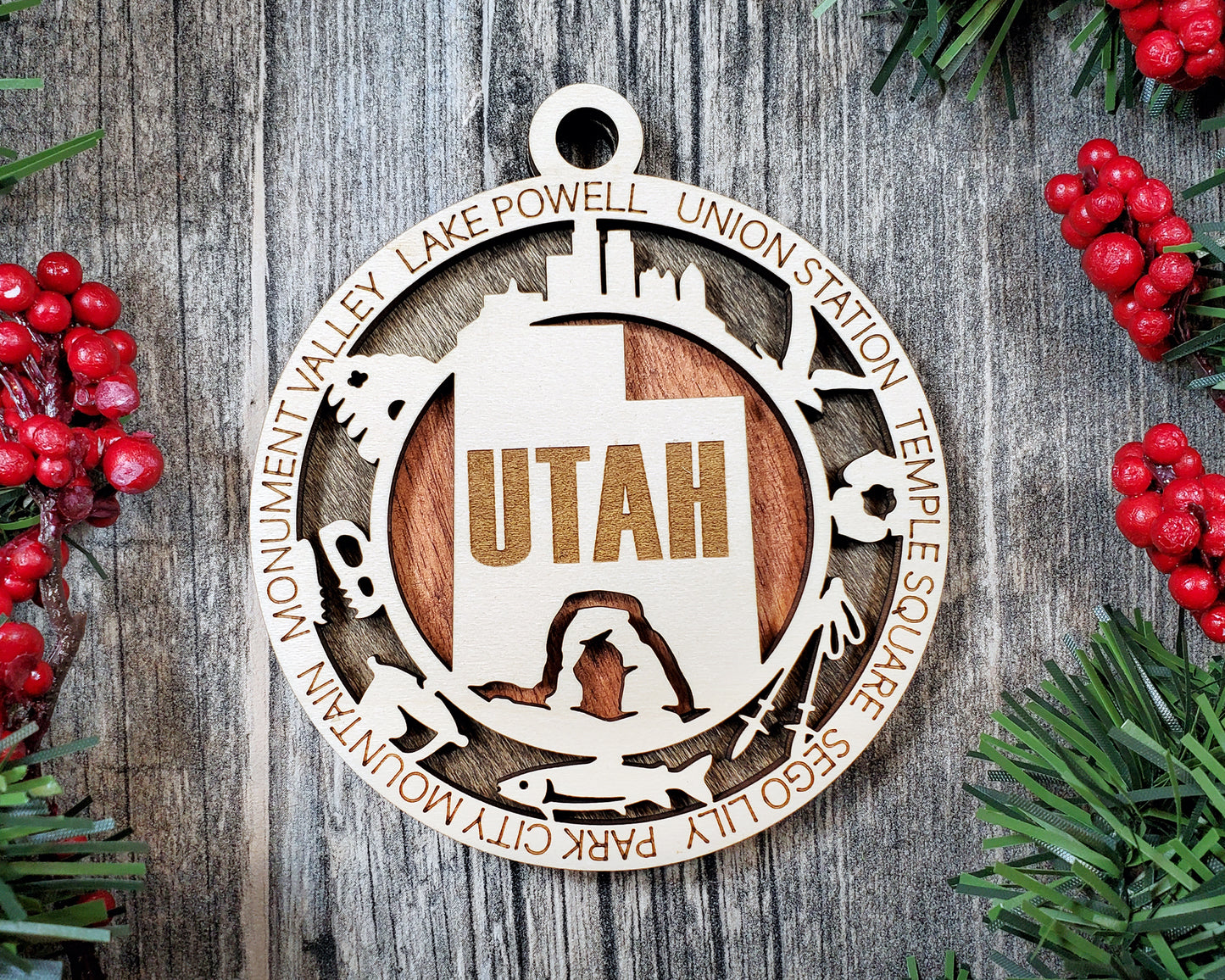 Utah State Ornament – Laser Cut Wood Holiday Decor Featuring Utah Icons