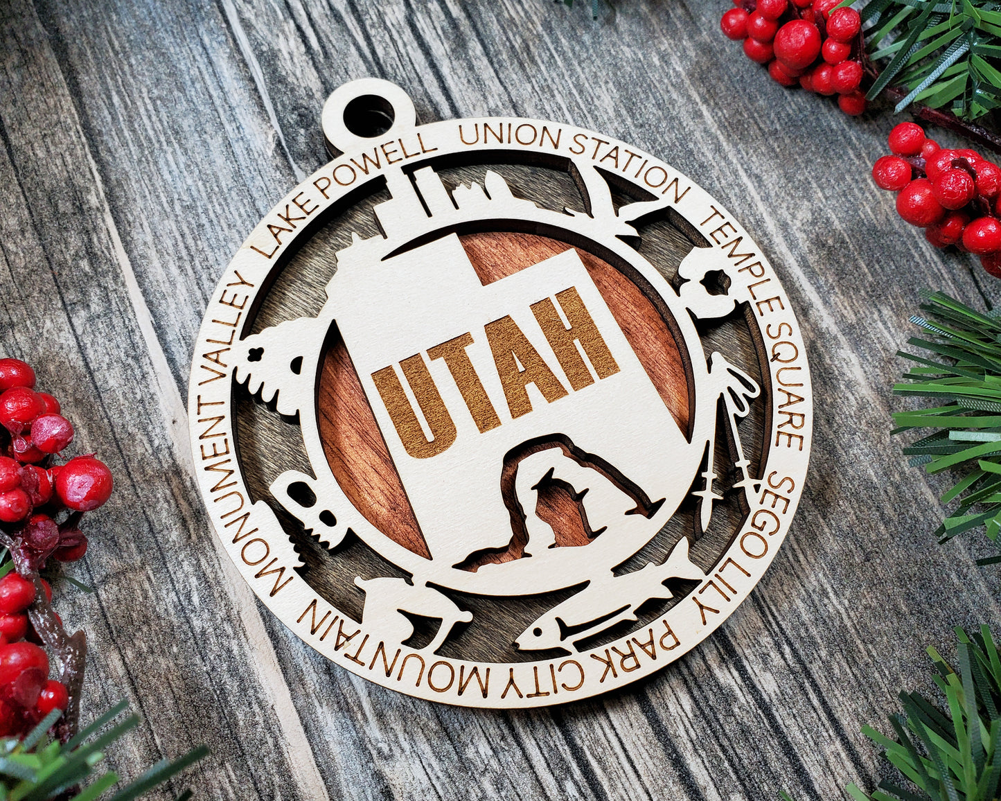 Utah State Ornament – Laser Cut Wood Holiday Decor Featuring Utah Icons