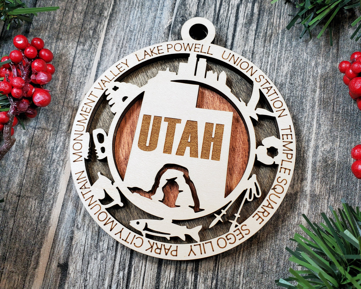 Utah State Ornament – Laser Cut Wood Holiday Decor Featuring Utah Icons