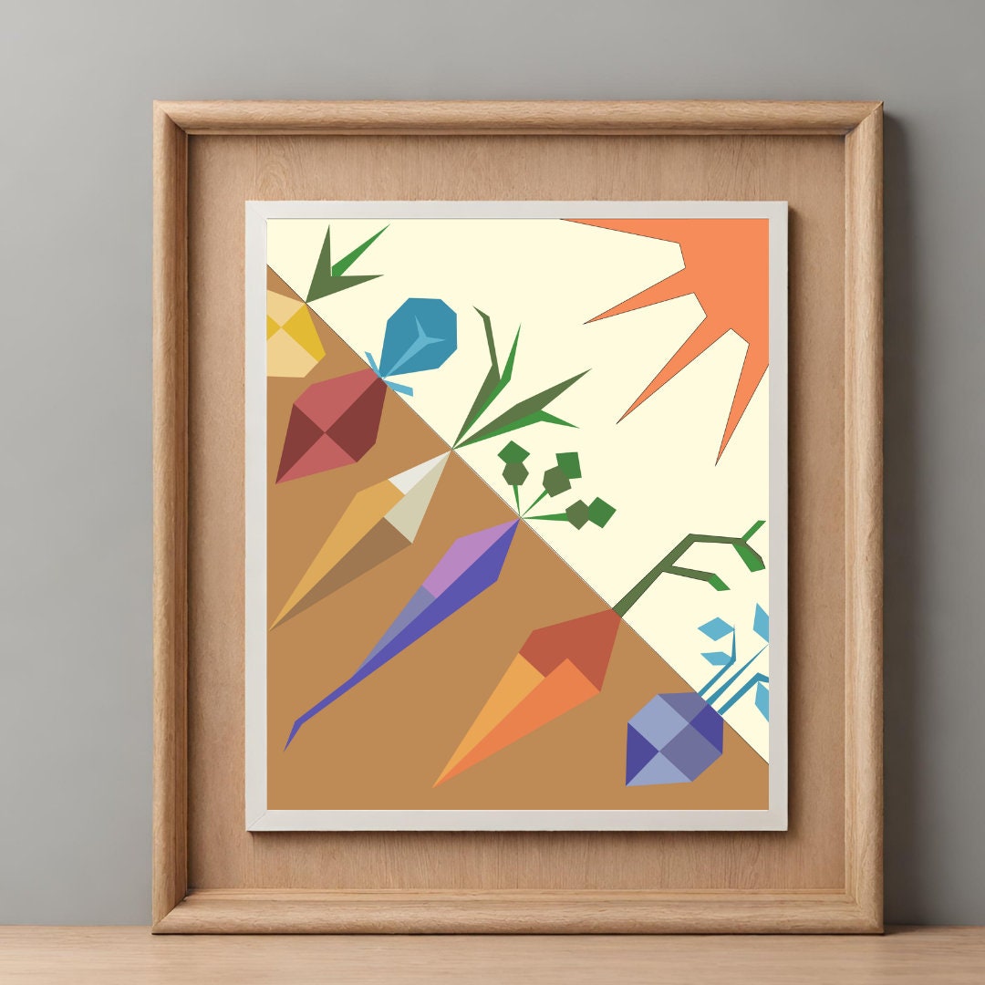 Veggie Garden Barn Quilt Pattern displayed as framed farmhouse wall art in a modern living room. Printable digital download for DIY painted barn quilts.
