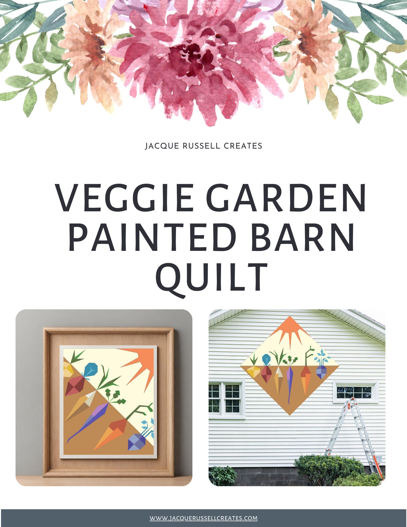 Printed Veggie Garden Barn Quilt Pattern featuring a colorful quilt block design for DIY painted barn quilt projects.