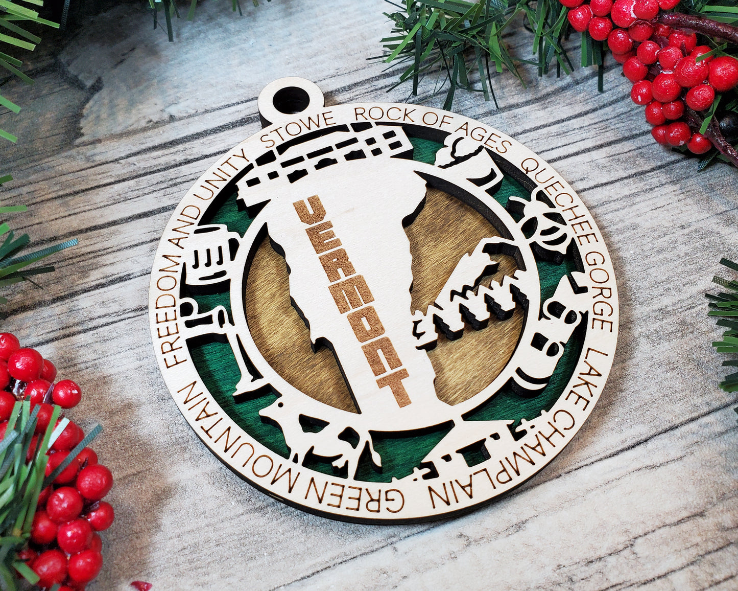 Vermont State Ornament – Laser Cut Wood Holiday Decor with Vermont Icons