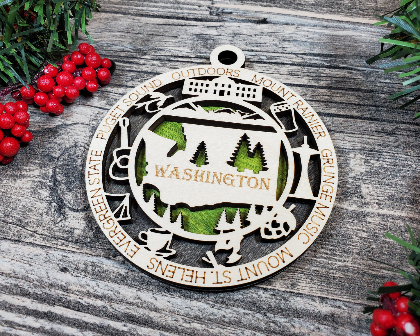 Washington State Ornament – Evergreen State Laser Cut Wood Christmas Decor