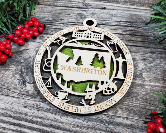 Washington State Ornament – Evergreen State Laser Cut Wood Christmas Decor