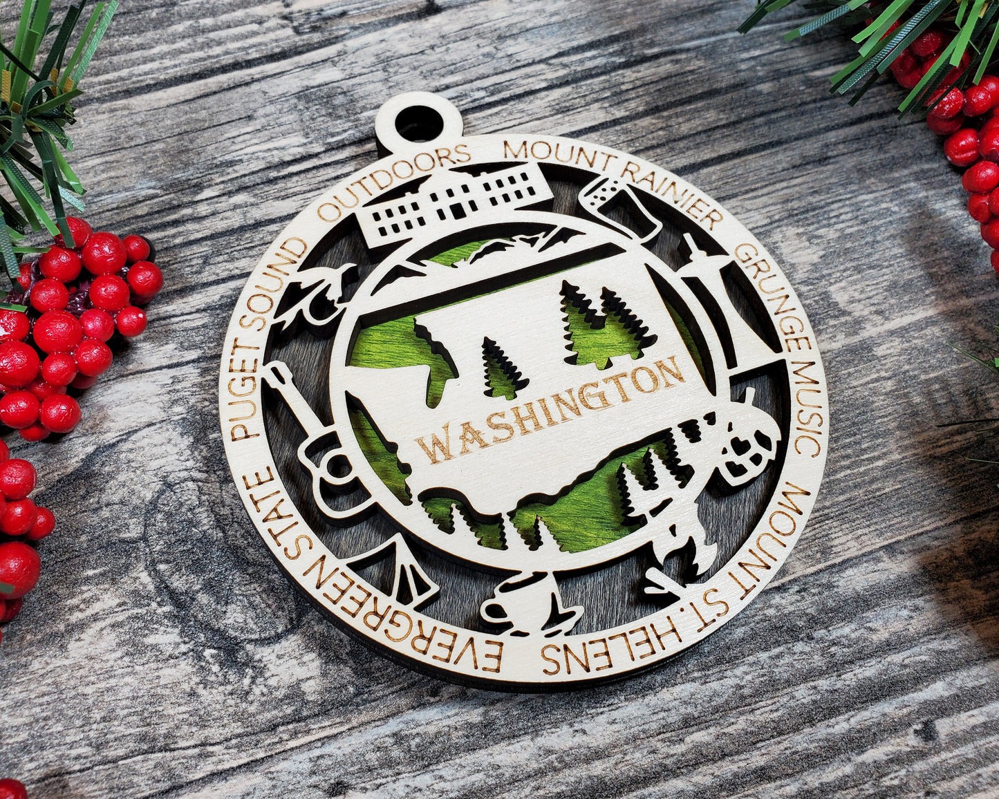 Washington State Ornament – Evergreen State Laser Cut Wood Christmas Decor