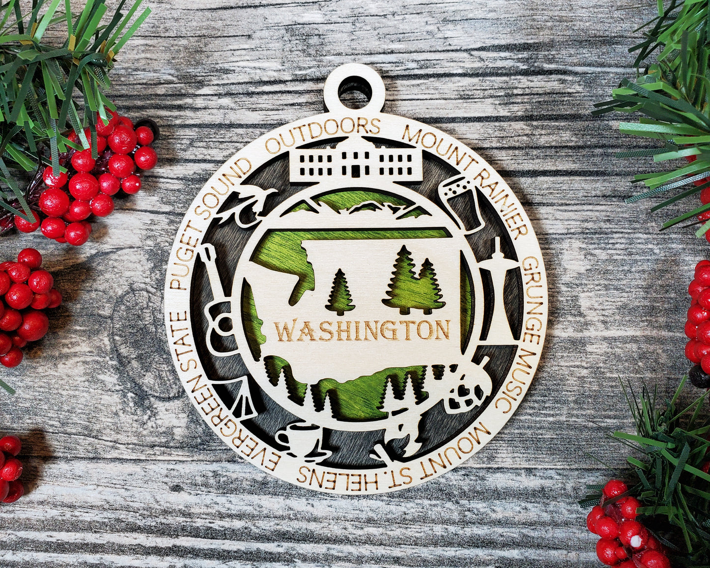 Washington State Ornament – Evergreen State Laser Cut Wood Christmas Decor