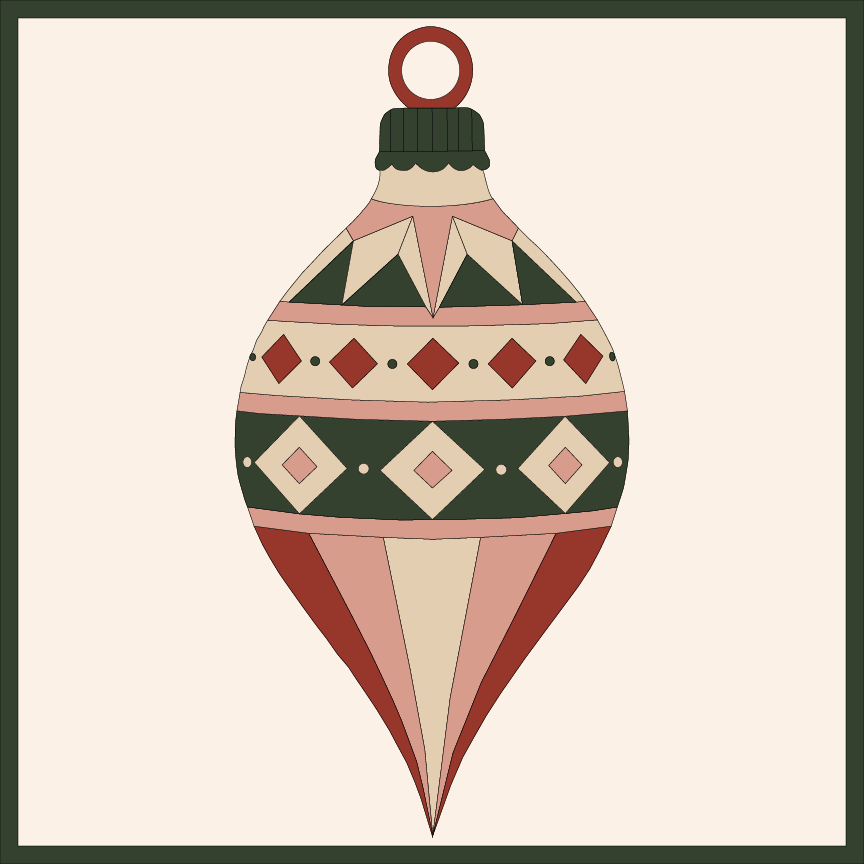 Yuletide Jewel printed Christmas barn quilt pattern featuring a geometric vintage ornament design in evergreen, cream, dusty blush and rich red for DIY painted barn quilts, Christmas wood signs, farmhouse holiday decor and handmade seasonal projects.
