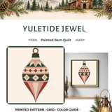 Yuletide Jewel printed Christmas barn quilt pattern featuring a geometric vintage ornament design in evergreen, cream, dusty blush and rich red for DIY painted barn quilts, Christmas wood signs, farmhouse holiday decor and handmade seasonal projects.
